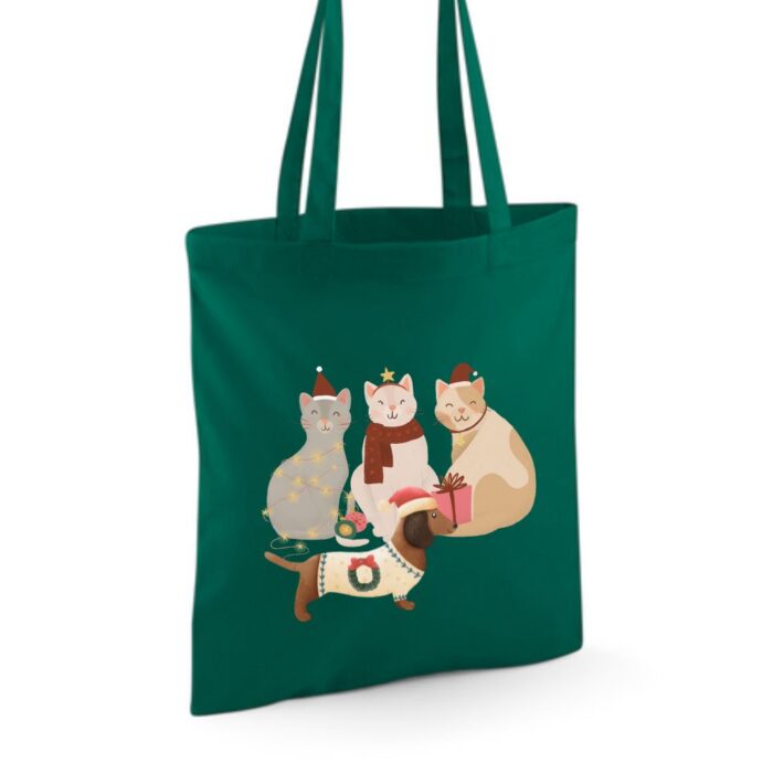 groene katoenen tas jule-katten print-groen linnen tas-tas met kattenprint