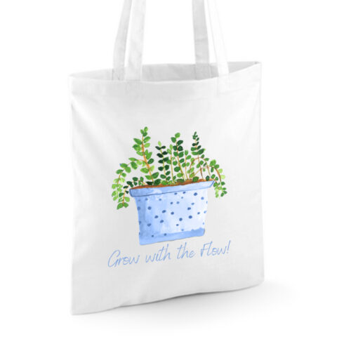 grow with the flow katoenen tas-Witte katoenen tas met plant illustratie en tekst