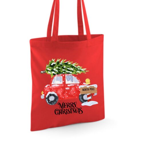 Rode katoenen kersttas met auto en kerstboom ontwerp