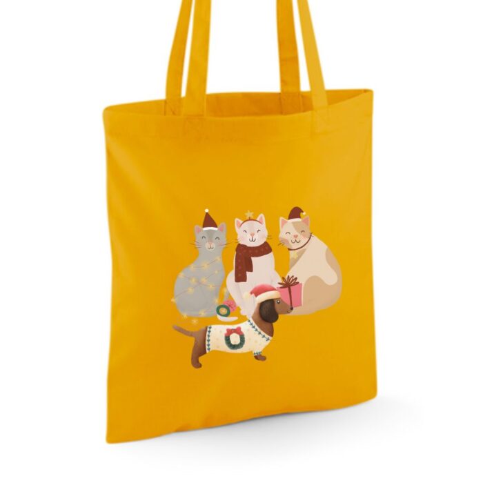 mustard kleur katoenen tas jule-katoenen tas met katten print-linnen tas-katoenen tas kopen