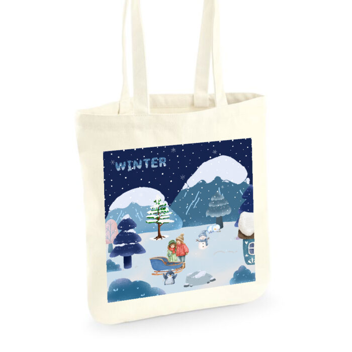 Naturel katoenen tas met winter wonderland aquarel print en dubbele draaghengsels- katoenen tas met print